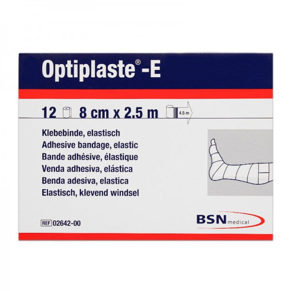 Optiplaste-E (ex-elastoplast-E) 8 cm x 2,5 mètres: Bandage adhésif élastique en coton et viscose (Boîte de 12 unités)